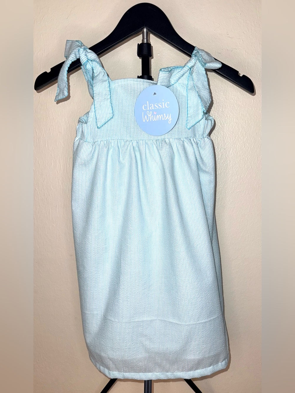 Classic Whimsy Blue Striped Seersucker Dress with Tie Shoulders, size 7, NWT